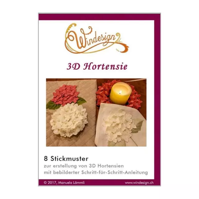 Windesign Stickmuster CD 3D Hortensie (8 Stickmuster) für alle Stickmaschinen