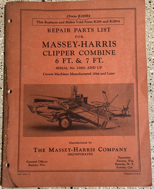 Massey Harris Clipper Combine Repair Parts List 6/7Ft R289 R289A