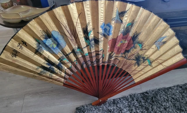 Oriental Fan Large Decorative Wall Asian Painted Floral Gold Tone Hummingbirds