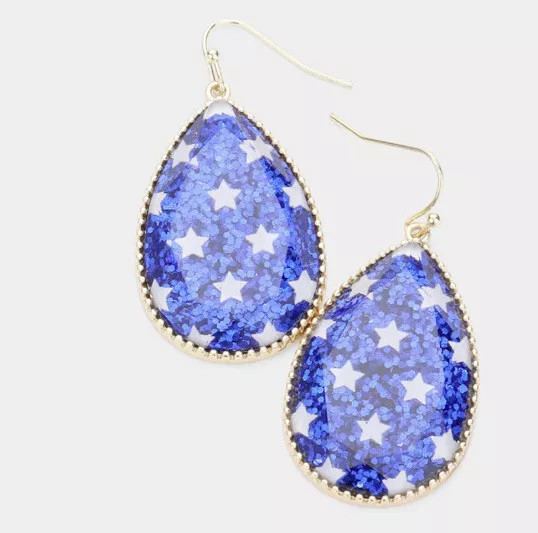 Patriotic 4Th Of July Blue Glitter Stars Teardrop Earrings