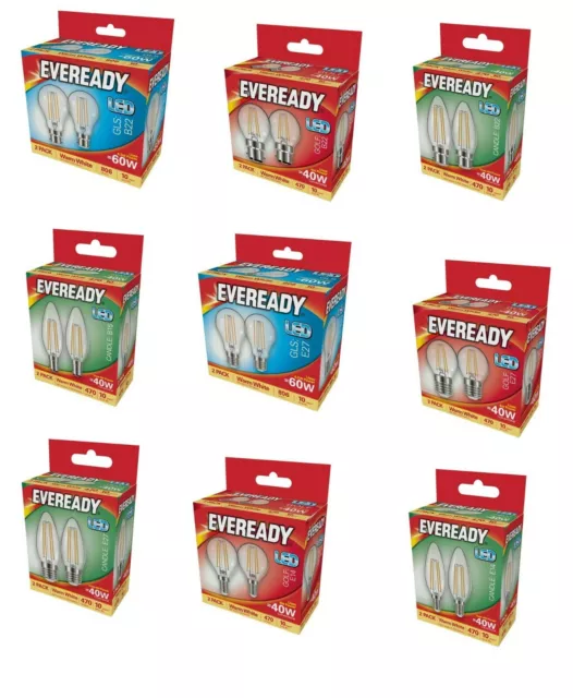 EVEREADY FILAMENT LED BULBS, E27, E14, B22, B15 CANDLE, GOLF, GLS (2 pack)