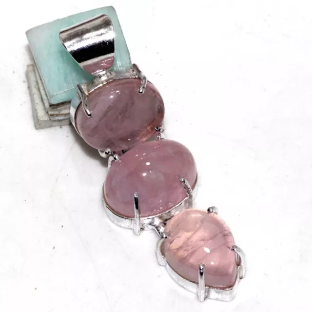 925 Silver Plated-Rose Quartz Ethnic Gemstone Long Pendant Jewelry 2.3" JW