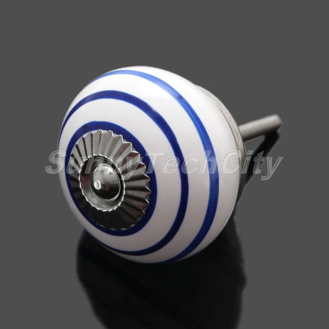 2X Ceramic Navy Stripe Ball Door Cupboard Cabinet Wardrobe Pull Knobs Handles