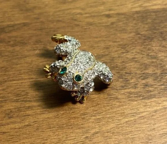 Vintage Adorable Frog Green Eyes With Clear Rhinestones Brooch Pin Gold Tone 1"