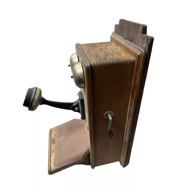 MountVintage Western Electric Telephone Hand Crank Wall  Oak Wood Box Bell Brown 3