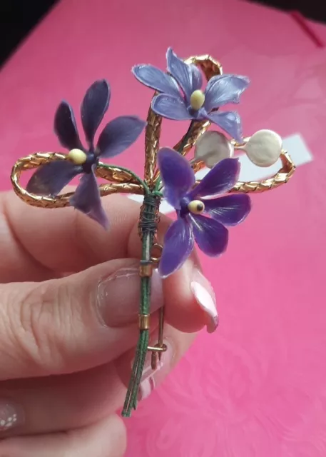 R19307 Ancienne Broche Vintage Fait Main Fleur Violette Bijoux Fantaisie