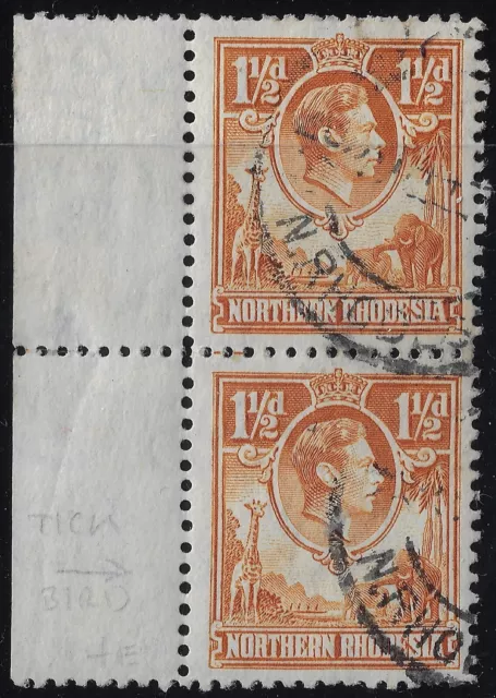 N. Rhodesia 1938 Tick Bird Flaw on 1-1/2 d KGVI used pair. sg30a/Scott 30 (aa992