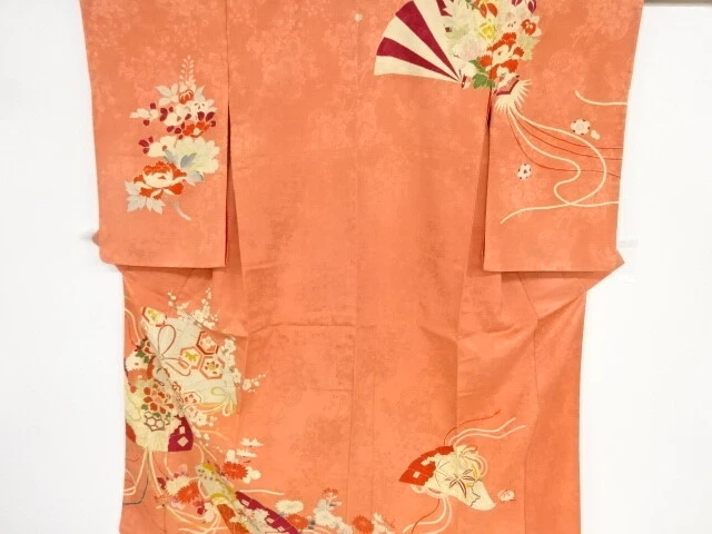 37682# Japanese Kimono / Antique Kimono / Embroidery / Floral Fan Pattern