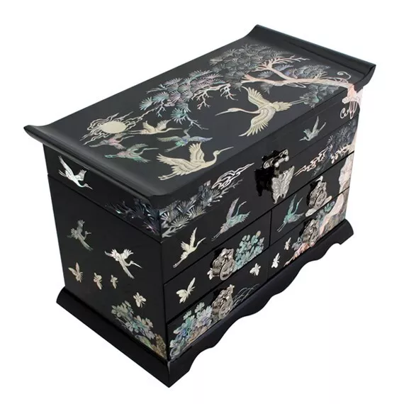 Mother of Pearl Inlay Asian Lacquer Wood Black Treasure Chest Jewelry Drawer Box 2