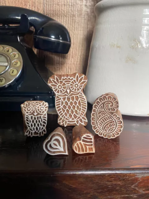Juego de bloques de estampillas artesanales de madera talladas a mano de la India, búho, cachemira, corazones de amor