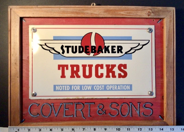 VTG STUDEBAKER Trucks Porcelain Sign ~ Covert & Sons ~ Neshanic Sta NJ ~ 12”x7”