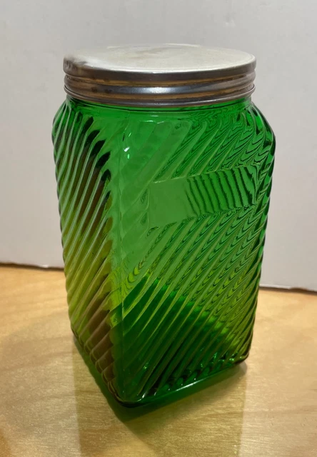 Vintage 1935 Owens-Illinois Co Green Ribbed Glass Hoosier Canister Jar w/ Lid
