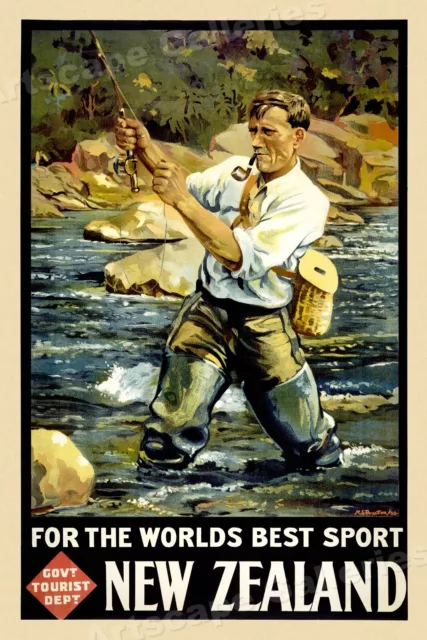 New Zealand Fly Fishing 1930s Vintage Style Travel Poster - 24x36