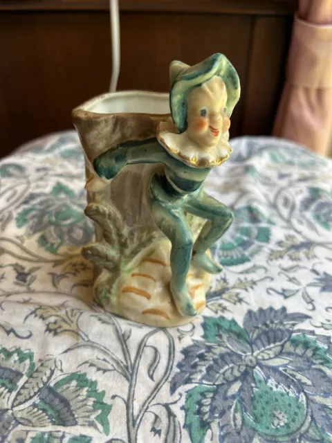 Vintage blue Pixie Elf Figurine Vase Planter on Tree Stump Pico China Japan