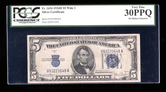 DBR 1934-D $5 Silver Fr. 1654Wi Wide I UA Block PCGS 30 PPQ Serial U93220648A