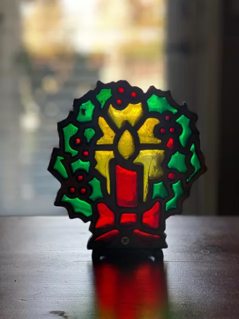 VINTAGE Stained Glass Cast Iron Christmas Wreath Tea Light Votive Candle Holder