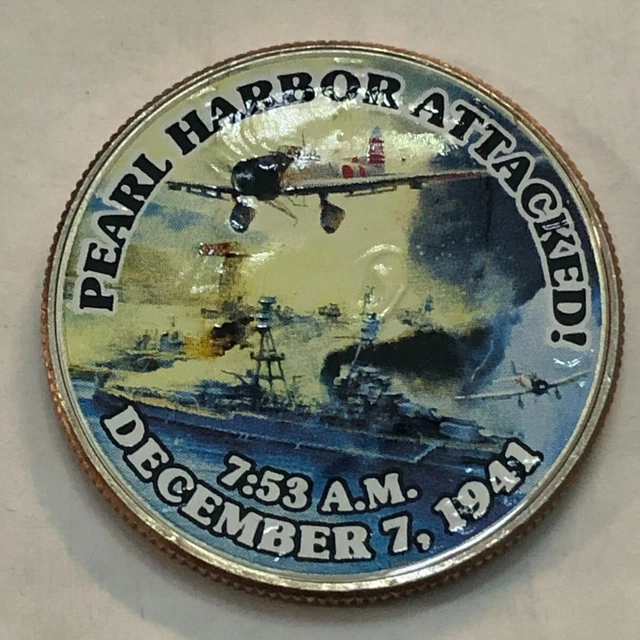 Colorized Kennedy half dollar. PEARL HARBOR ATTACKED. DEC 7, 1941. 7:53AM #35