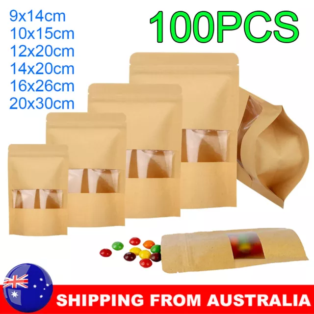 Kraft Paper Stand Up Doy Pouch, Zip Seal Food Bags, Window Zipper Bags (100 pcs)