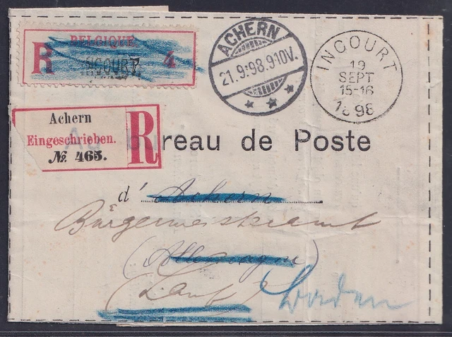 61882) ACHERN 1898 Avis de Reception RÜCKSCHEIN Incourt Belgien