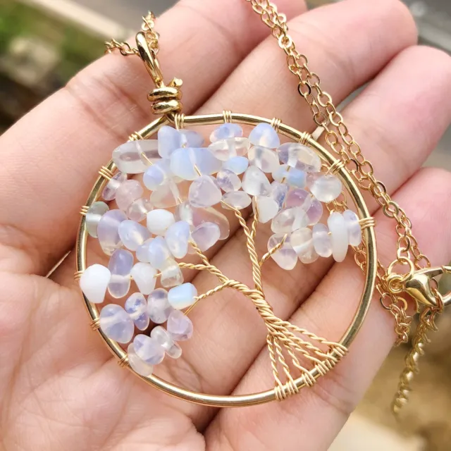 Opal Gem Tree Of Life Water-Drop Necklace Chakra Reiki Healing Amulet