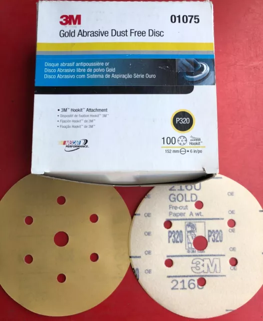 3M 01075 Hookit 6" Inch Gold Dust Free Abrasive Film (100) Discs P320 Grit Grade