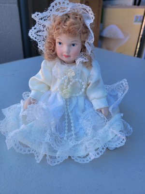 Vintage Porcelain (Jointed) Doll 7" Blond Hair, Blue Eyes, White Dress/Hat
