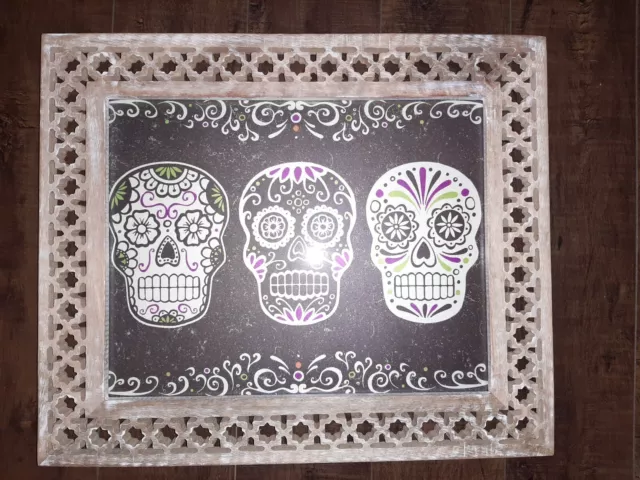 Large ONE OF A KIND Wood Ornate Framed SUGAR SKULL Day Of Dead Mexican FOLK ART