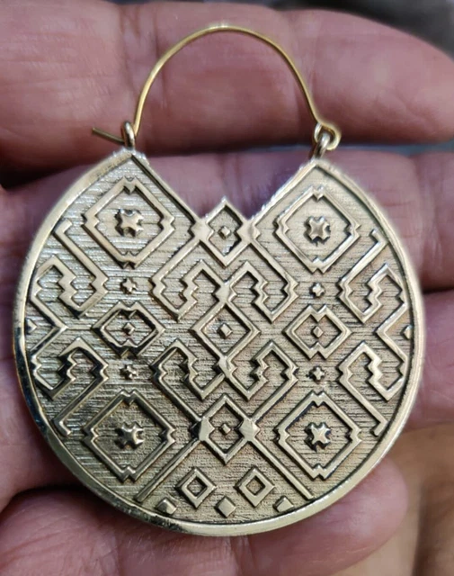 Large Tribal Celine Designer Earrings Brass Gold Plated Mandala Geometric hoops