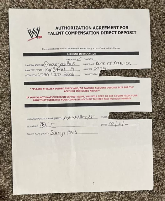 PAIGE SARAYA Personal Written & SIGNED WWE NXT Direct Deposit Form PAPERWORK AEW