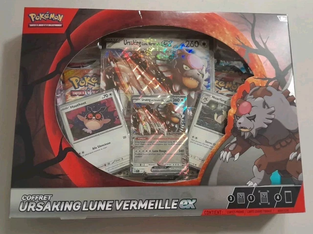 Coffret Pokémon Ursaking Lune Vermeille-ex – 1 Carte Promo Brillante + 2 Holos + 1 Grand Format – 4 Boosters – JCC