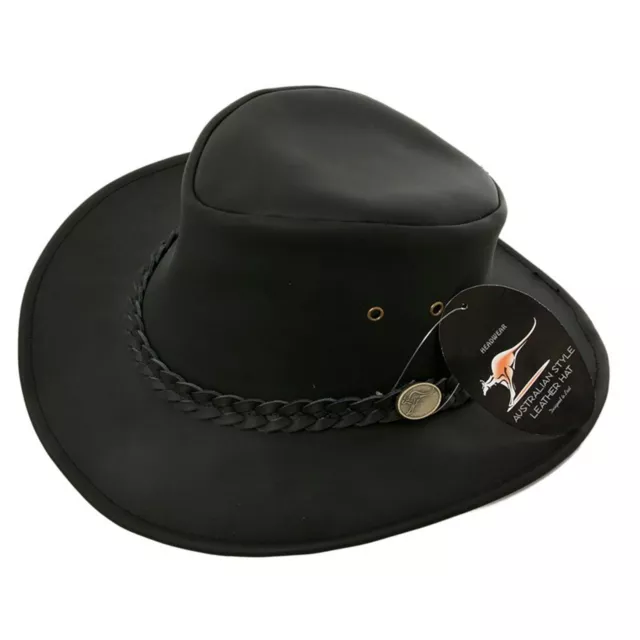 Taille S - Neuf Cuir Noir Style Australien Chapeau Cowboy