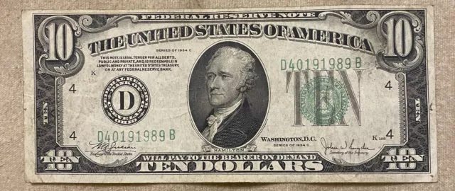 1934 $10 Error Note