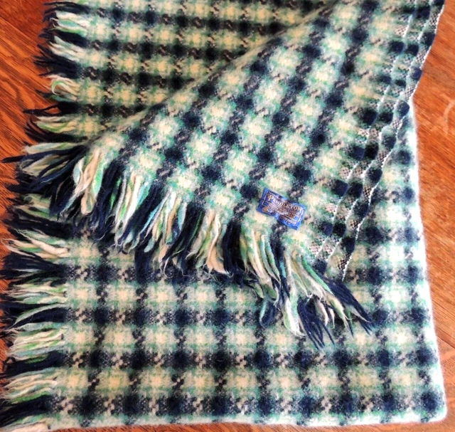 Vintage Pendleton Pure Virgin Wool Throw Blanket Blue Green Cream Fringe