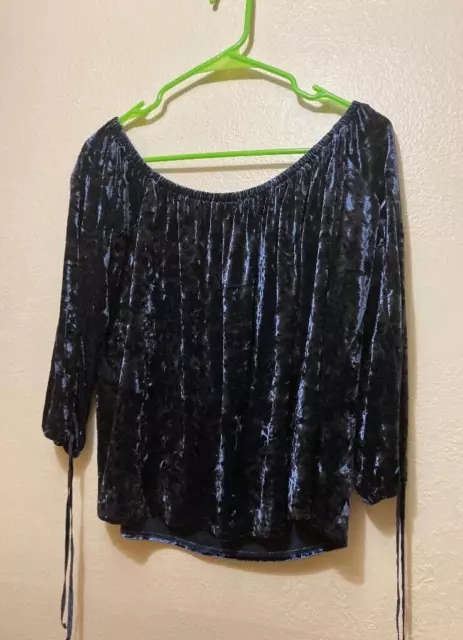 American Eagle Outfitters Dark Blue Crushed Velvet Off Shoulder Blouse Size Med