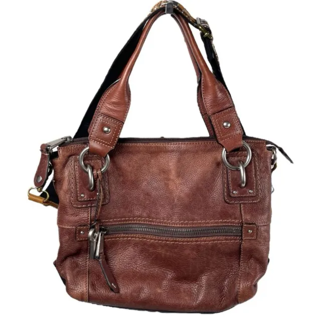 Fossil Brown Leather Satchel Bag w/ Floral Crossbody Strap