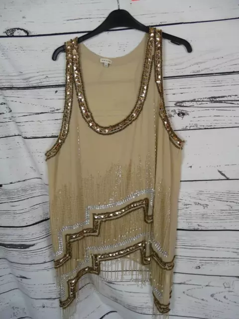 Ladies River Island Beige Gold Beaded Sleeveless Top Size 18