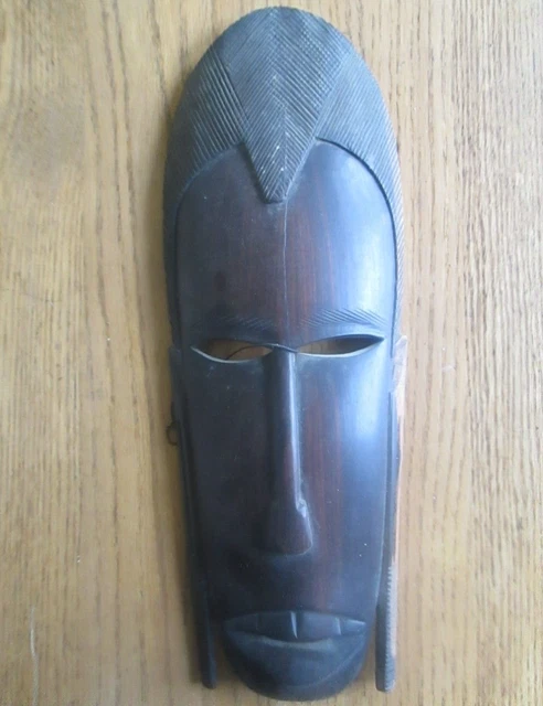 African Tribal Face Mask Ebony Wood Hand Carved Wall Hanger  14"