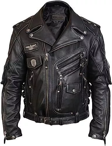 Mens Genuine Leather Jacket Motorcycle Perfecto Black Marlon Biker Jacket