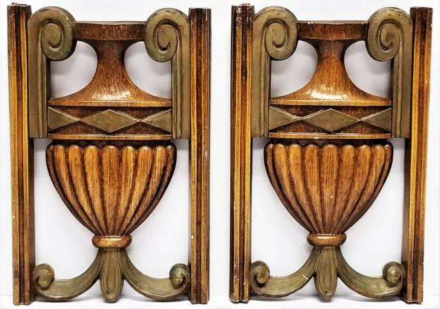 PR Antique Carved Painted Wood Architectural Salvage Roman Style URN Panels 7.5"