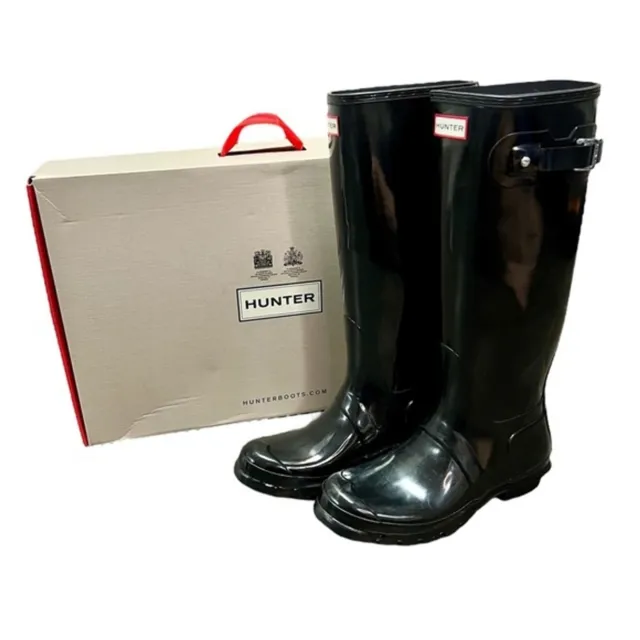 Hunter Tall Gloss Waterproof Adjustable Back Rain Boots Black 10 NIB