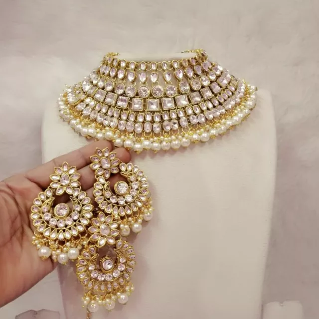 Indian Bollywood White Pearl Kundan Bridal Costume Jewellery Gold Necklace Set