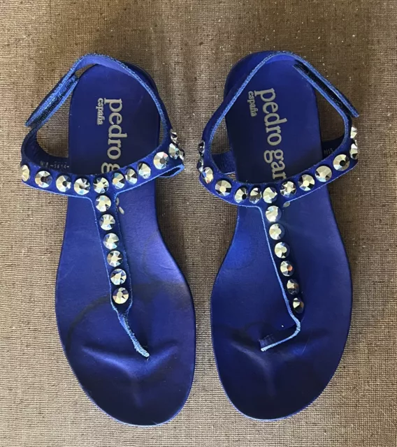 PEDRO GARCIA Judith Swarovski Crystal T-Strap Sandals Royal Blue Size 38