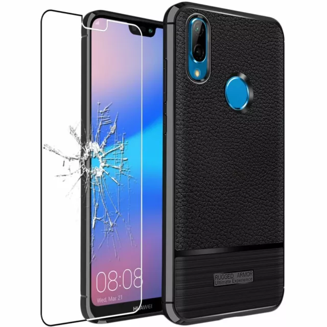 Coque Huawei P20 Lite Etui Housse Silicone TPU Motif Cuir + VERRE Trempé, Noir