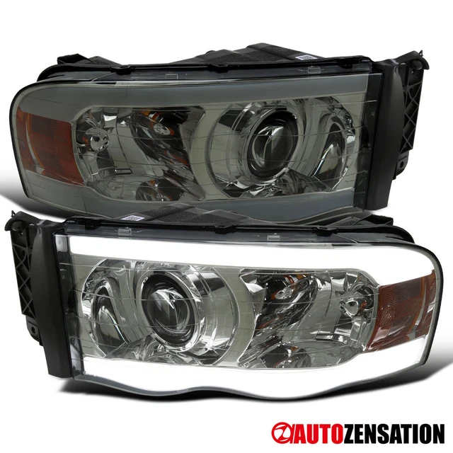Fit 2002-2005 Dodge Ram 1500 2500 3500 Smoke LED Tube Projector Headlights Lamps