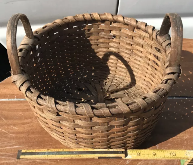 A Small Vintage Americana Primitive Double Wood Handled Woven Splint Basket!
