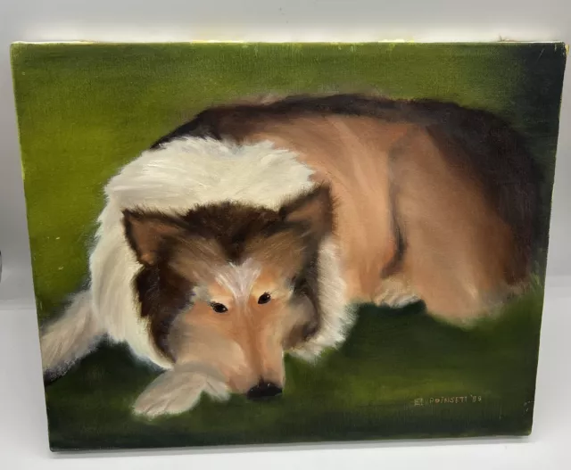 Vtg 1988 Dog Portrait Oil Painting Sheltie Collie Lassie Dog Signed E. Poinsett