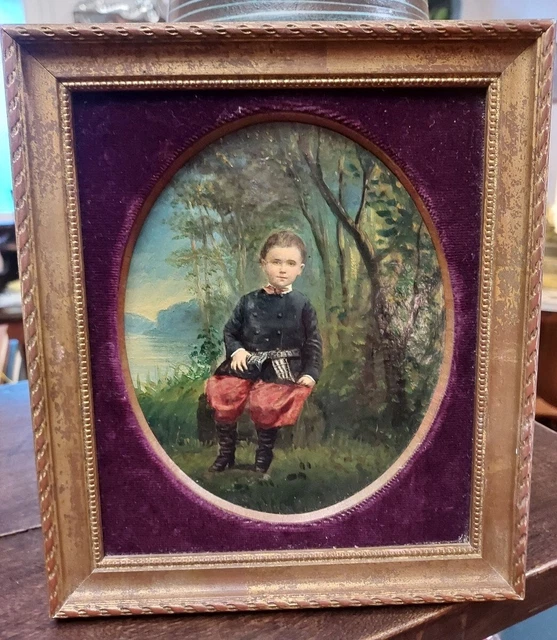 Antique Painting Oil On Wood Portrait Of A Young Boy Rare Old Art Late 19th Cent