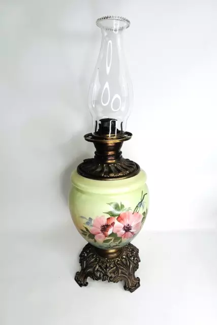 Antique Victorian Parlor Oil Lamp Floral Ball Chimney Glass Brass Claw Feet Vtg.