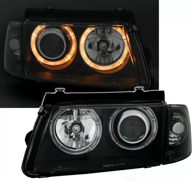 DEPO Lighting Angel Eyes Scheinwerfer Set Schwarz für VW PASSAT 3B 10/96-