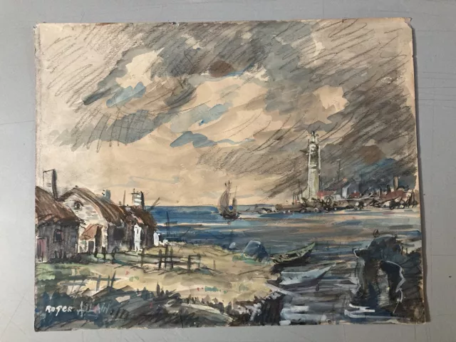 Muy Hermoso Dibujo 1930 Pintura Gouache Papel De Paisaje Mar Bretaña Roger 2